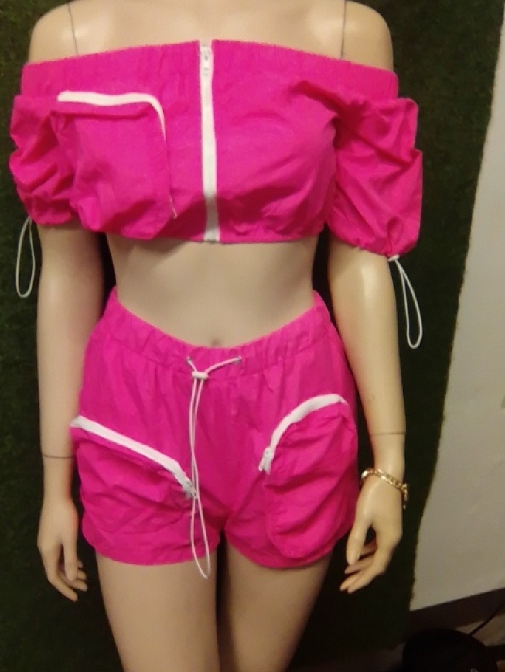 Hot Fuchsia Off-Shoulder Crop Top & Drawstring Shorts Set